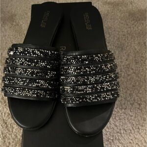 Rachel Zoe Rayce (Black Soft Calf) Leather Slides Womens Sandals Embellished
